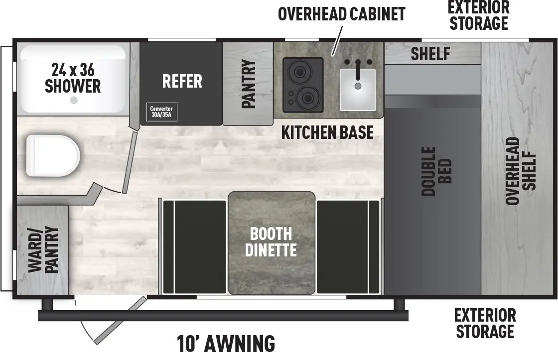 The Viking Travel Trailers 16FB floorplan has one entry and zero slide outs. Exterior features include: metal exterior and 10' awning. Interiors features include: front bedroom.